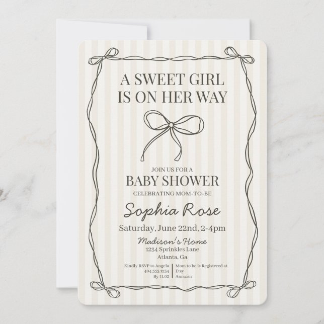 Black Coquette Bow Beige Stripe Baby Shower Inbjudningar (Framsida)