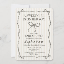 Black Coquette Bow Beige Stripe Baby Shower Inbjudningar
