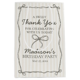 Black Coquette Bow Beige Stripe Birthday Favor