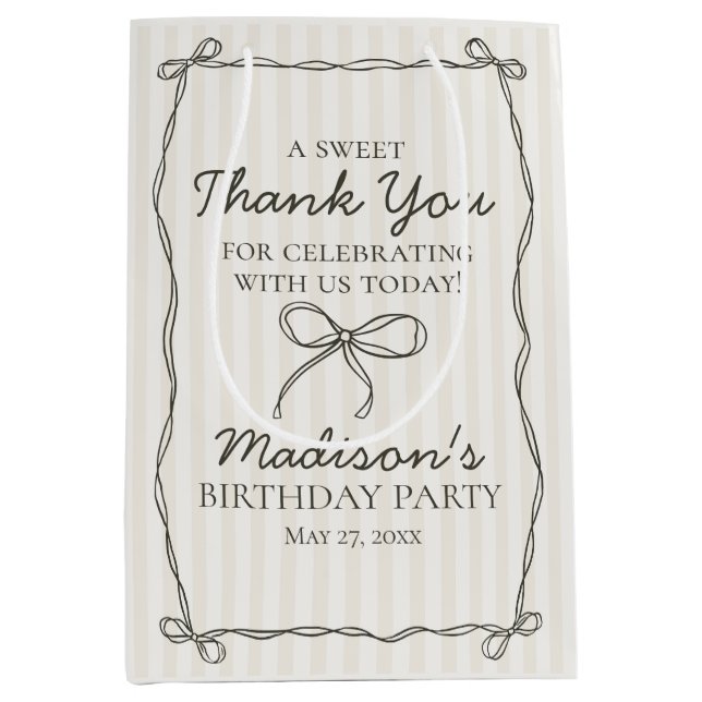 Black Coquette Bow Beige Stripe Birthday Favor (Framsidan)