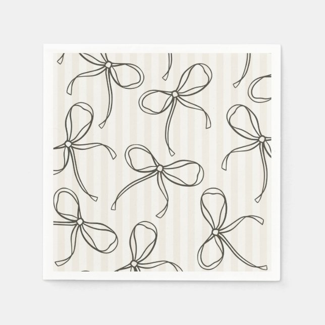 Black Coquette Bow Beige Stripe Bord Decor Pappersservett (Framsidan)
