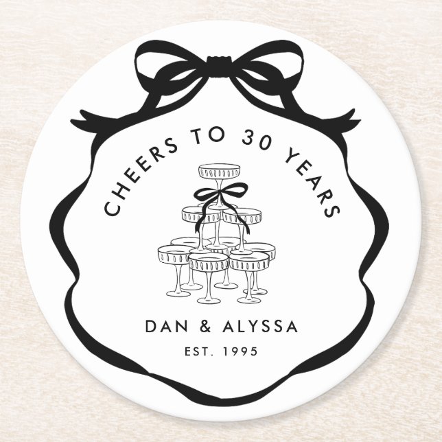 Black Coquette Bow Cheers Champagne Torn Underlägg Papper Rund (Framsidan)