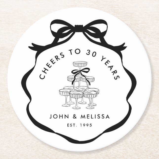 Black Coquette Bow Cheers Champagne Tower Underlägg Papper Rund (Framsidan)