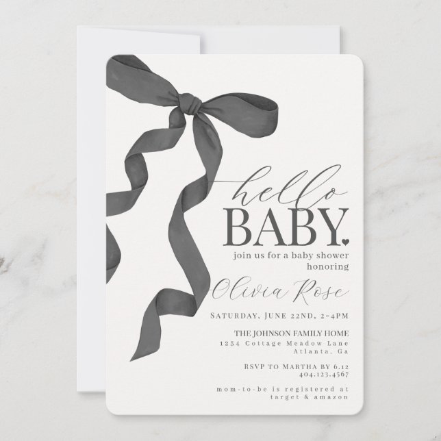 Black Coquette Bow Girl Baby Shower Inbjudan (Framsida)