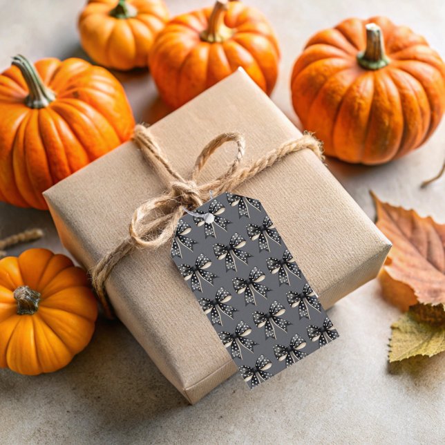 Black Coquette Bows på Grått Halloween Gift-Märkre Presentetikett (Black Coquette Halloween Bows Gift Tag)