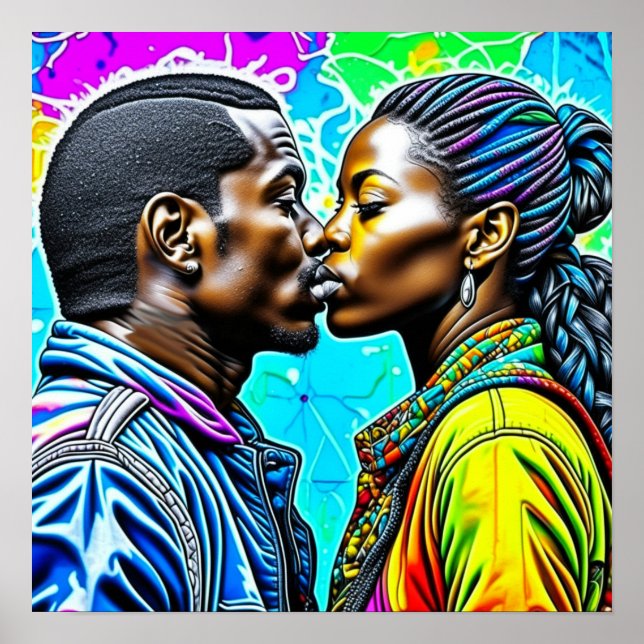 Black Couple Kissing i Kärlek Poster (Framsidan)