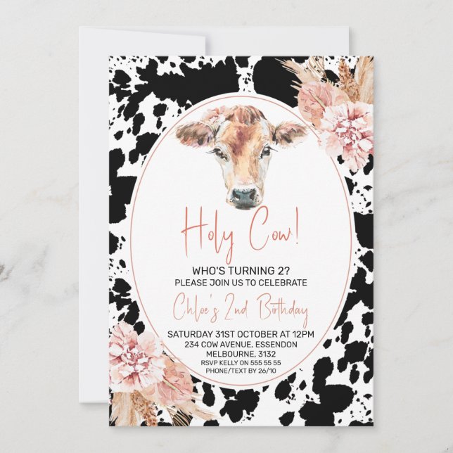Black Cow Print Boho Heliga Cow Girls Birthday Inbjudningar (Framsida)
