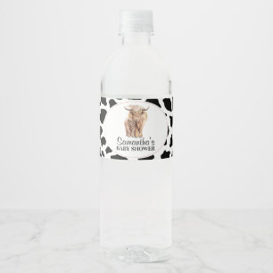 Black Cow Print Highland Cow Calf Baby Shower Vattenflaskor Etikett