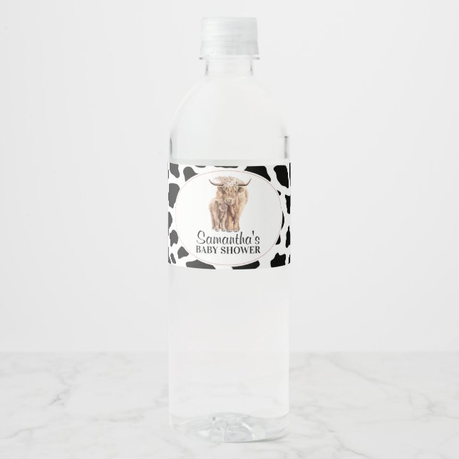 Black Cow Print Highland Cow Calf Baby Shower Vattenflaskor Etikett (Framsida)