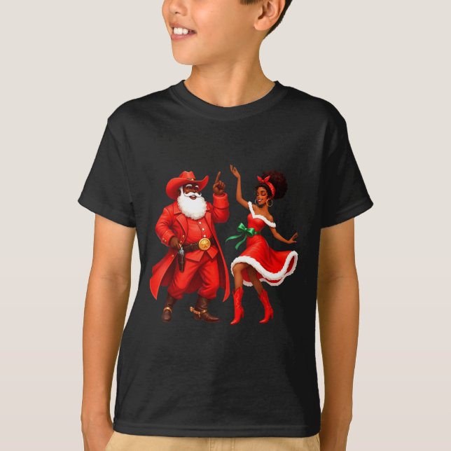 Black Cowboy And Santa Cowgirl Christmas Western X T Shirt (Framsida)