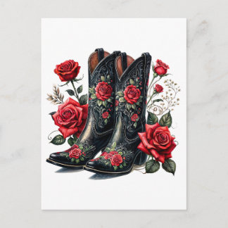 Black Cowboy Boots With Red Roses Vykort