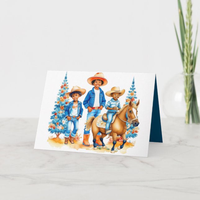 Black Cowboy Cowgirl Kids with Horse Merry Christm Helgkort (Framsida)