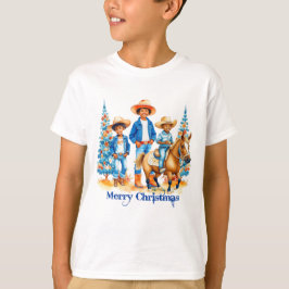 Black Cowboy Cowgirl Kids with Horse Merry Christm T Shirt