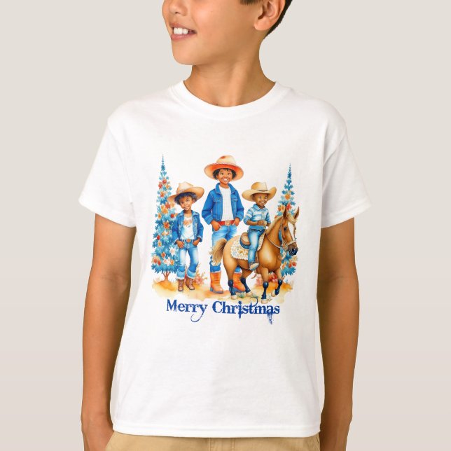 Black Cowboy Cowgirl Kids with Horse Merry Christm T Shirt (Framsida)