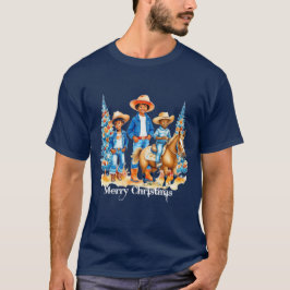Black Cowboy Cowgirl Kids with Horse Merry Christm T Shirt