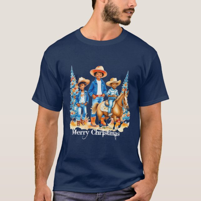 Black Cowboy Cowgirl Kids with Horse Merry Christm T Shirt (Framsida)