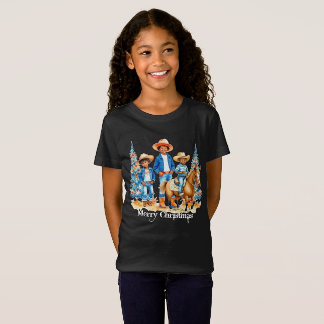 Black Cowboy Cowgirl Kids with Horse Merry Christm T Shirt (Hel framsida)