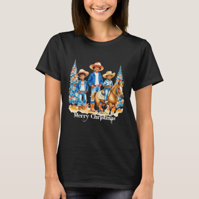 Black Cowboy Cowgirl Kids with Horse Merry Christm T Shirt (Framsida)