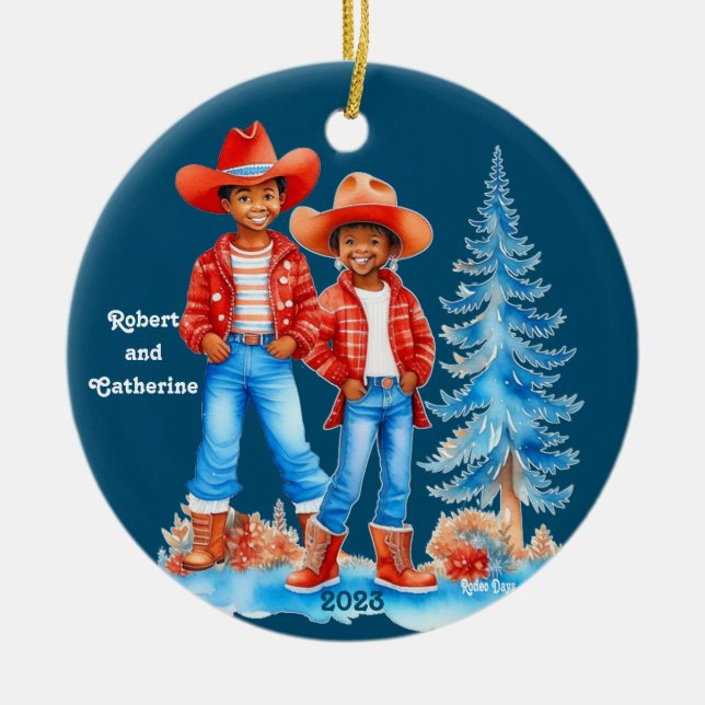 Black Cowboy Cowgirl par jul Anpassningsbar Julgransprydnad Keramik (Framsidan)