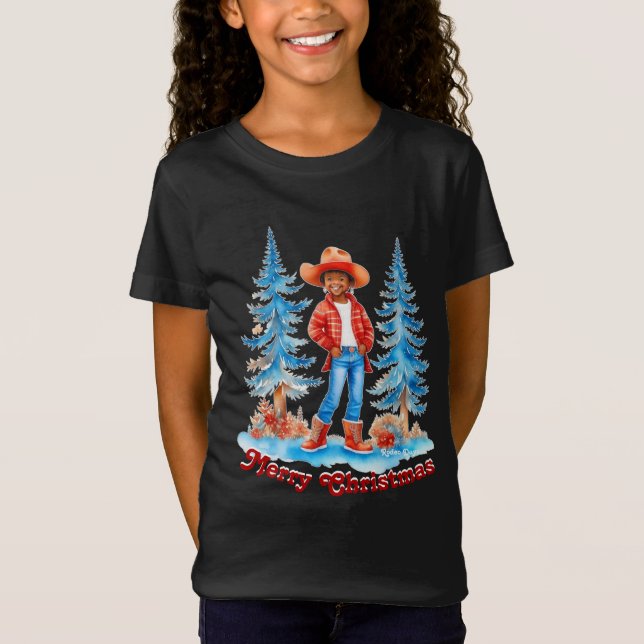 Black Cowgirl Winter Scene God jul T Shirt (Framsida)