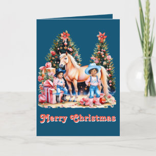 Black Cowgirl Winter Scene Horse God jul Helgkort