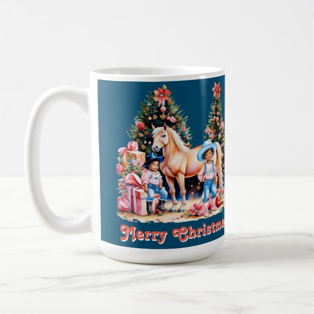 Black Cowgirl Winter Scene Horse God jul Kaffemugg (Vänster)