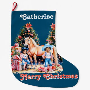 Black Cowgirl Winter Scene Horse God jul Stor Julstrumpa