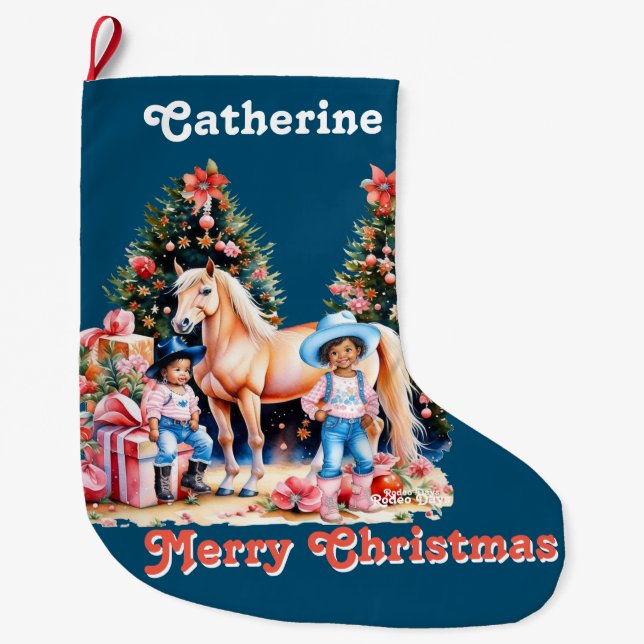 Black Cowgirl Winter Scene Horse God jul Stor Julstrumpa (Framsidan)