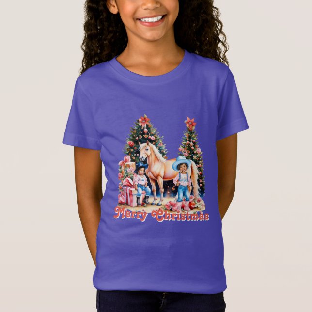 Black Cowgirl Winter Scene Horse God jul T Shirt (Framsida)