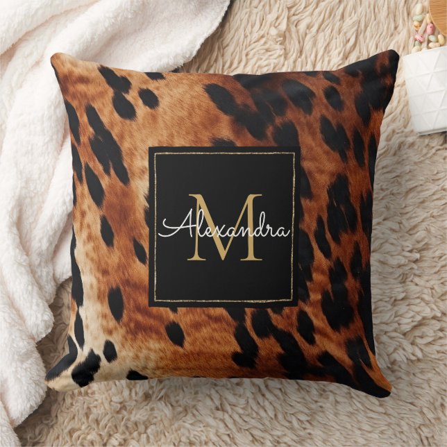 Black Cream Brown Cowhide Guld Monogram Kudde (Filt)