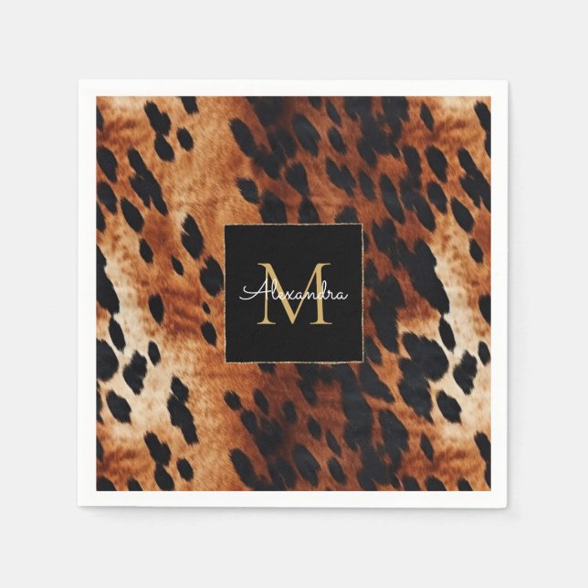 Black Cream Brown Cowhide Guld Monogram Pappersservett (Framsidan)