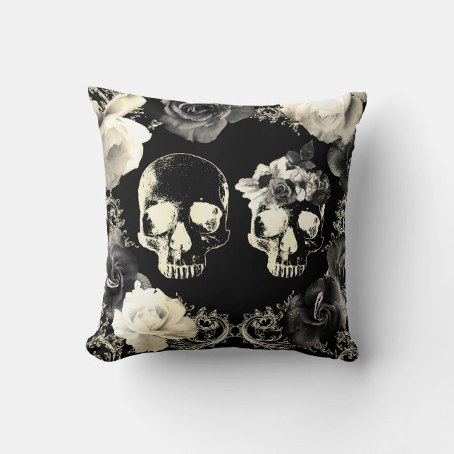 Black Cream Grått Skeleton Skull Gothic Glam Kudde (Framsida)