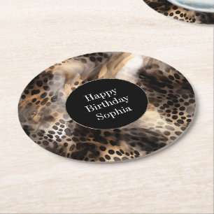 Black Cream Leopard Animal Birthday Underlägg Papper Rund