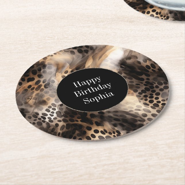Black Cream Leopard Animal Birthday Underlägg Papper Rund (Vinklad)