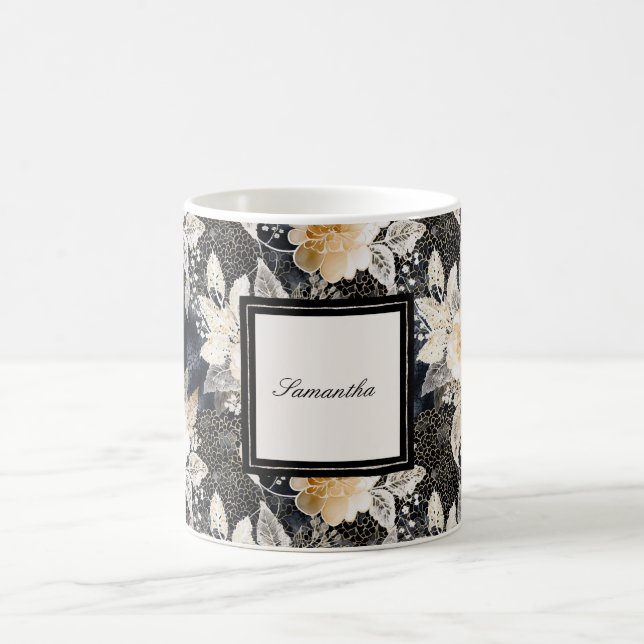 Black Cream Leopard Animal Blommigt Kaffemugg (Center)