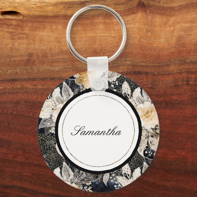 Black Cream Leopard Animal Blommigt Nyckelring (Framsida)
