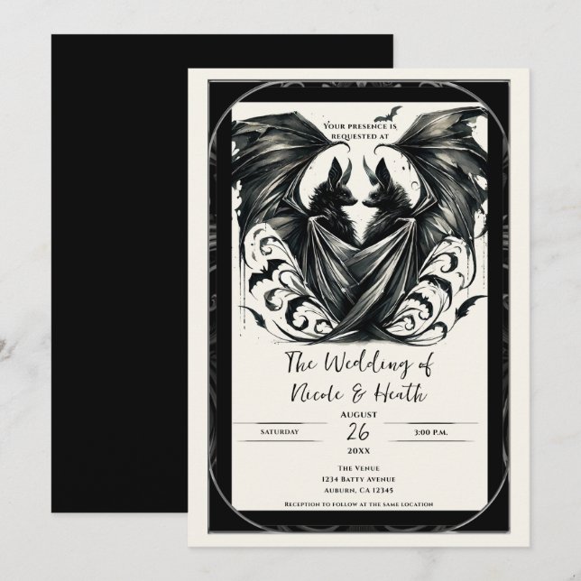 Black Cream Silver Gothic Kärlek Fladdermus Bröllo Inbjudningar (Fram/baksida)