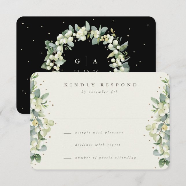 Black/Cream Snowberry+Eucalyptus Bröllop OSA Kort (Fram/baksida)