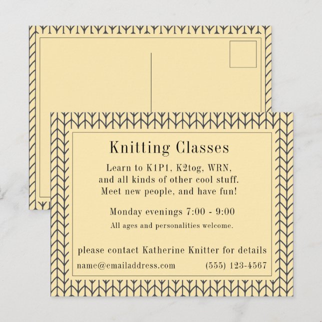 BLACK CREAM STICKA "Knitting Classes"-vykort Vykort (Fram/baksida)