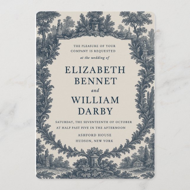 Black & Cream Toile Wedding Invitation – Old World Inbjudningar (Framsida)