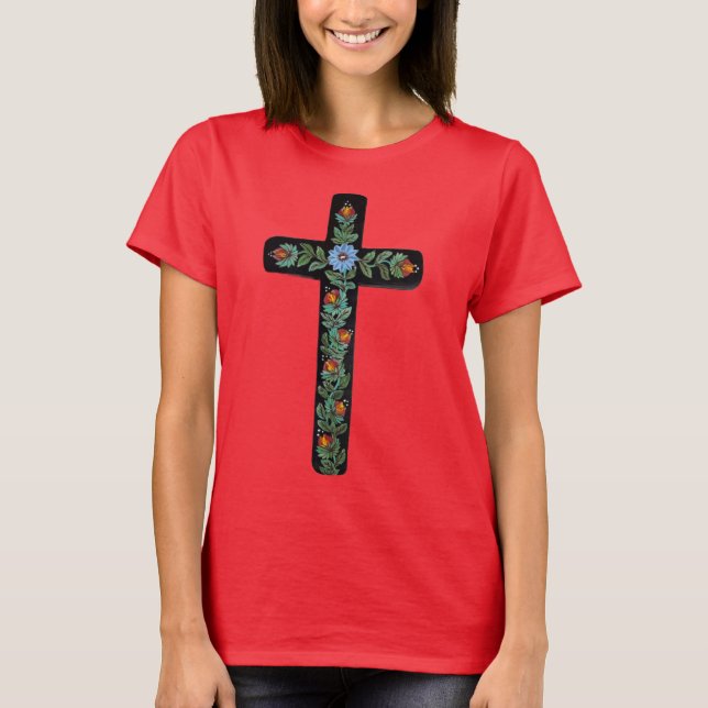 Black Cross with Flowers T Shirt (Framsida)