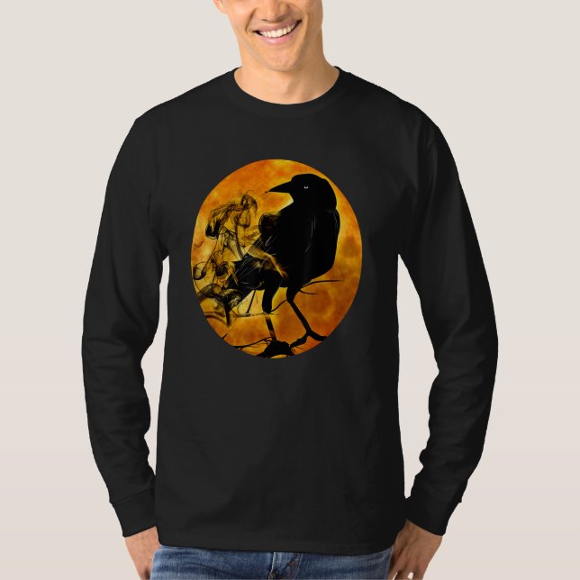 Black Crow Raven Bird & Specter Against Orange Ful T Shirt (Framsida)
