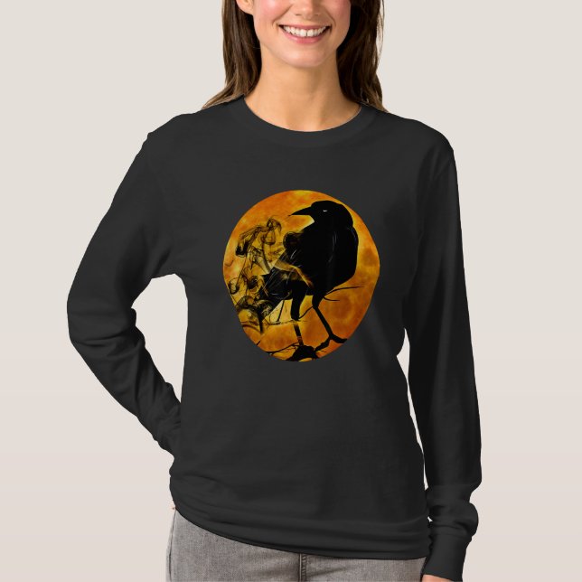 Black Crow Raven Bird & Specter Against Orange Ful T Shirt (Framsida)