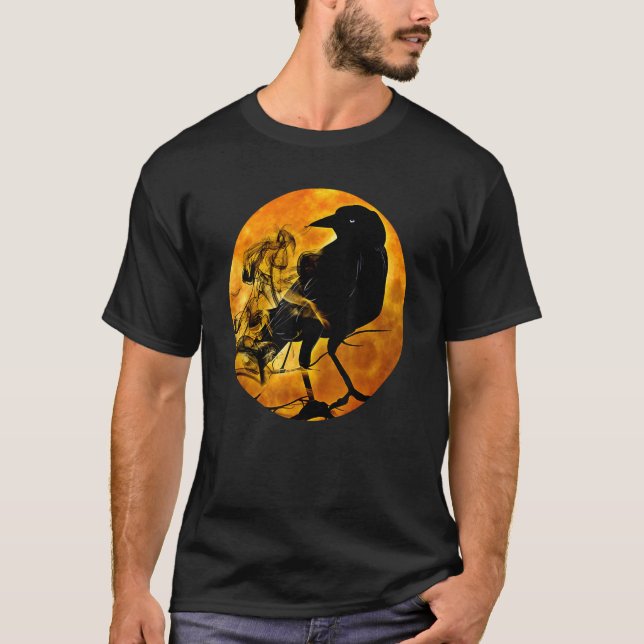 Black Crow Raven Bird & Specter Against Orange Ful T Shirt (Framsida)