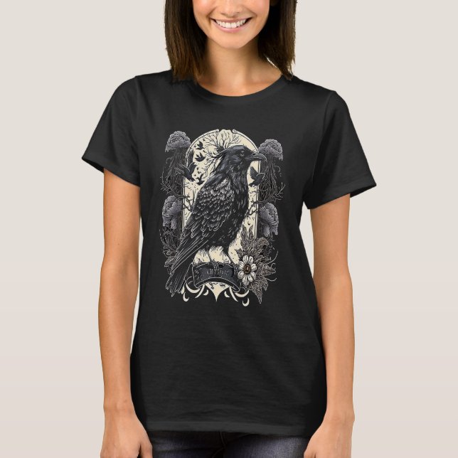 Black Crow Raven Skull Viking Norse Occult Gothic T Shirt (Framsida)