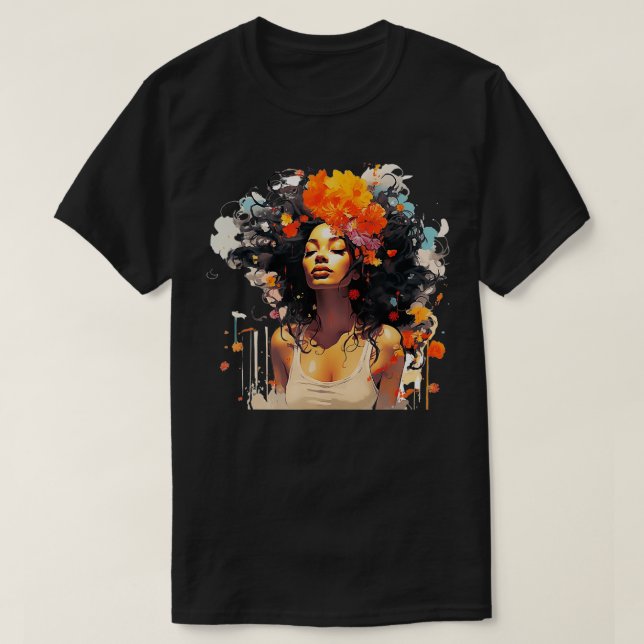 Black Curly Melanin Graffiti Art Stil Womens Prin T Shirt (Design framsida)