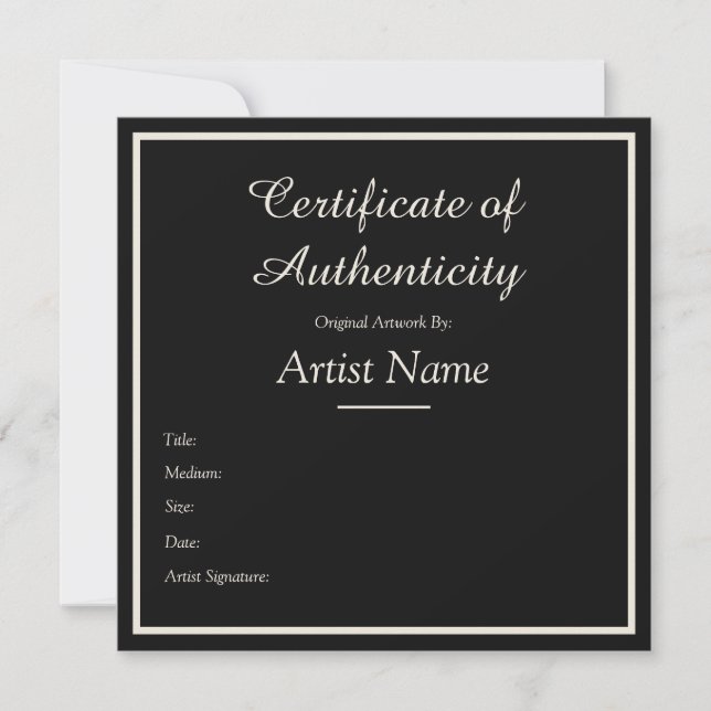 Black Customizable Certificate of Authenticity Anteckningskort (Framsida)