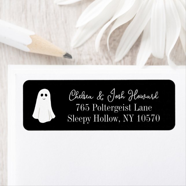 Black Cute Friendly Ghost Halloween Returadress Etikett (Insitu)