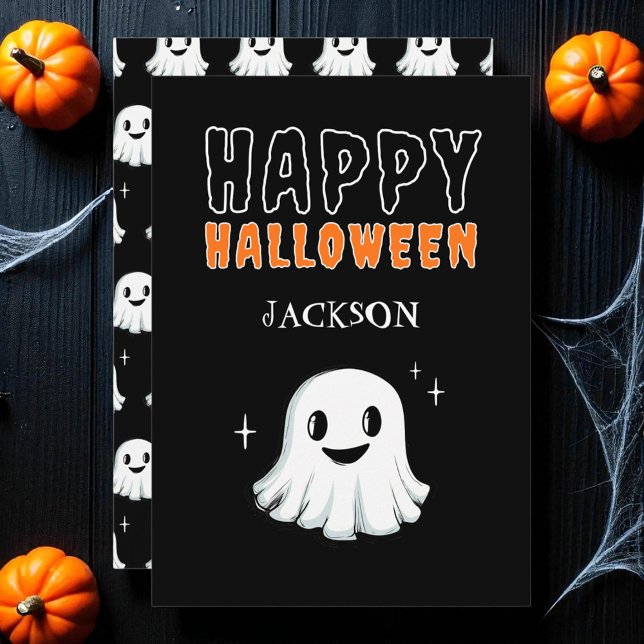 Black Cute Ghost Spooky Anpassningsbar Happy hallo Julkort (Black Cute Ghost Spooky Custom Happy Halloween Holiday Card)