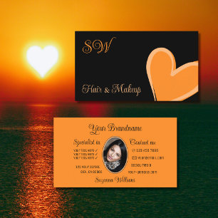 Black Cute Orange Heart med Monogram och Photo Visitkort